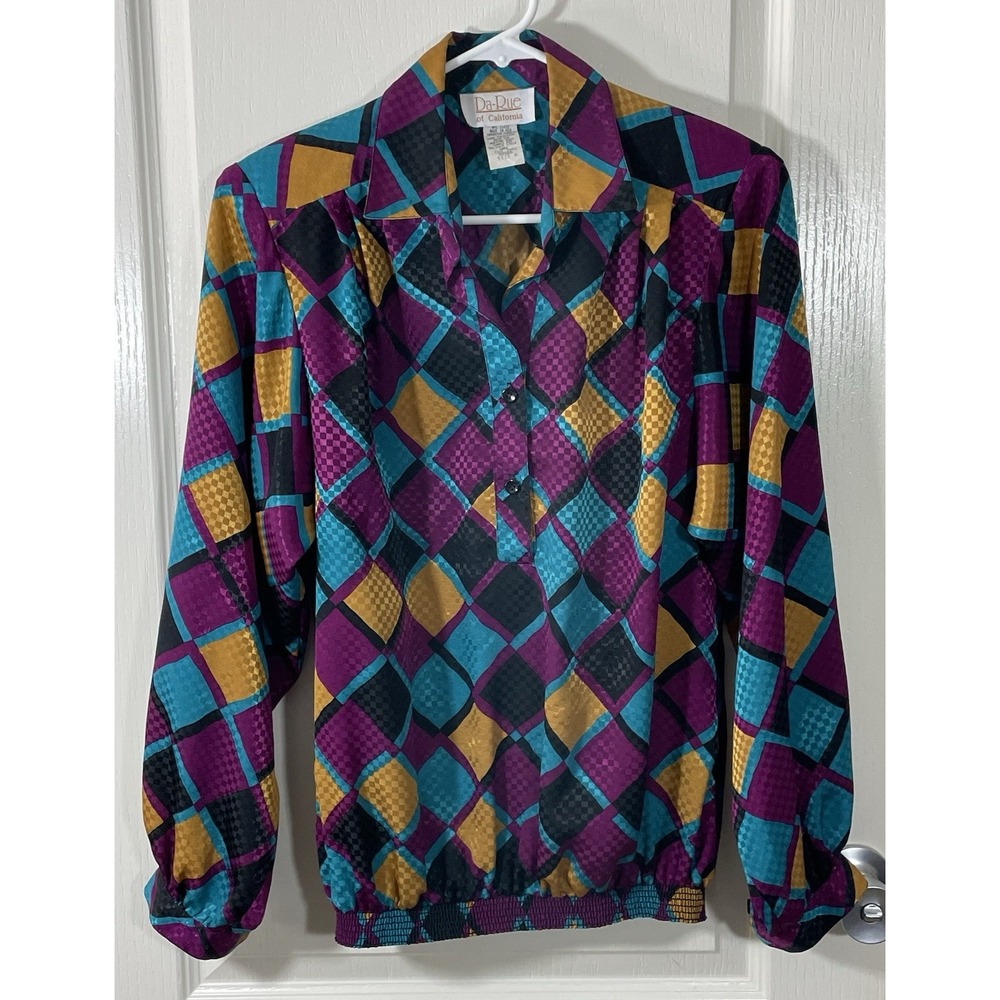 VTG Da-Rue California Blouse Top 8 Multicolor Geometric Long Sleeve Pullover USA